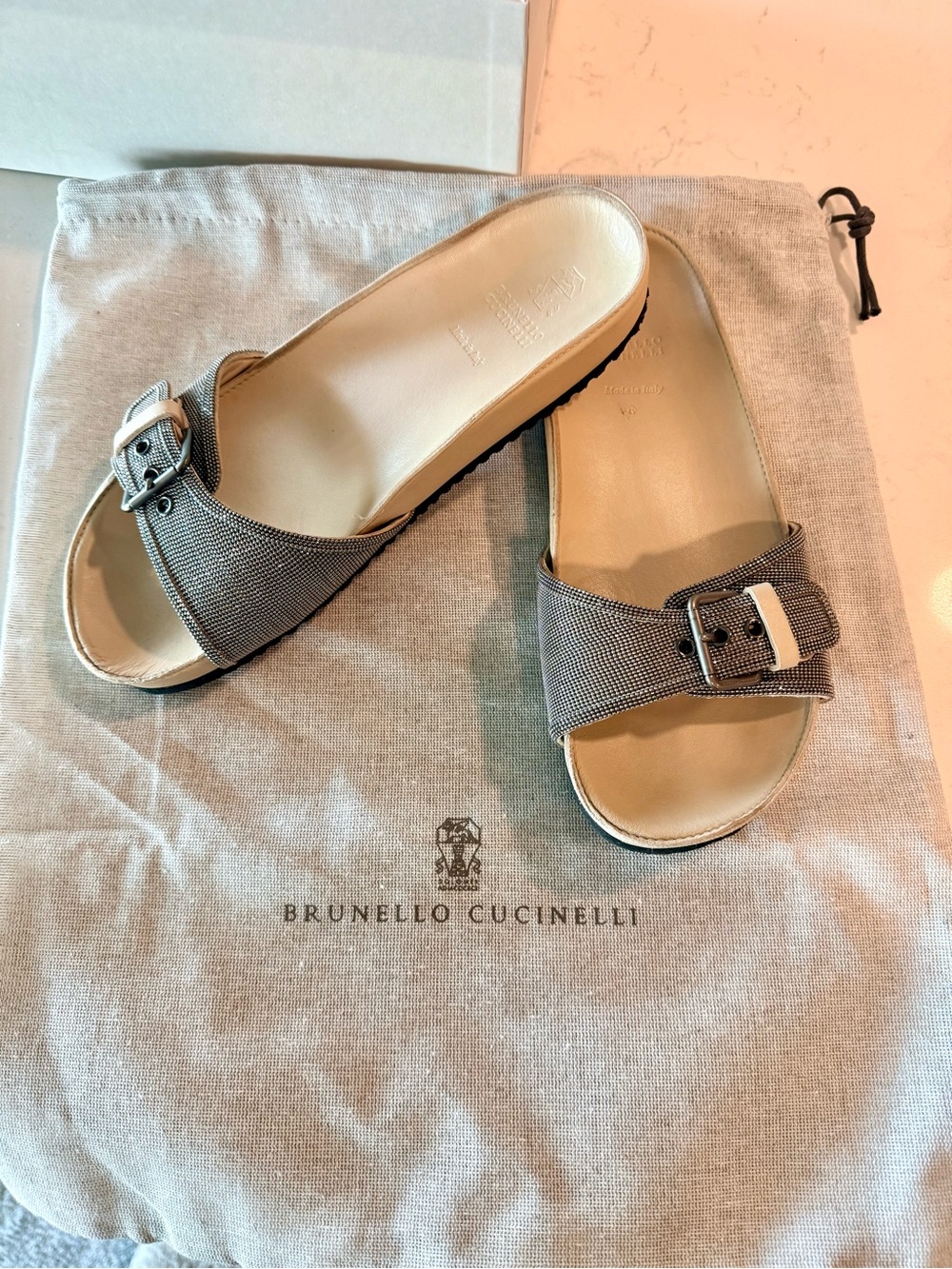 Brunello Cucinelli Women's leather Monili buckle Slide Sandals Shoes Size 38 US8
